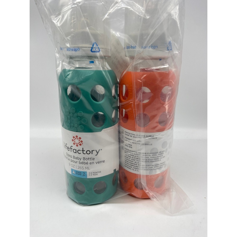 New Lifefactory Glass Baby Bottle 2pk 9oz Kale Papaya Stage 2 Silicone Sleeve